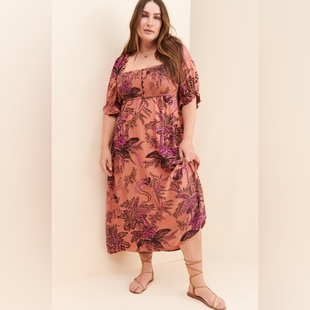 Anthropologie Peach Floral Midi Dress with Pink & Black Print